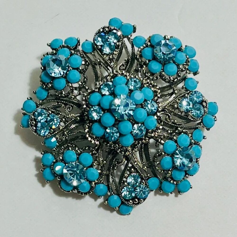 Faux Turquoise Blue Rhinestone Domed Floral Brooch Pin Pendant